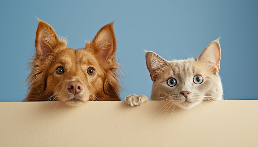 Fotografia de um cão e um gato do pescoço para cima. Eles estão atrás de uma madeira bege e em frente a parede azul.