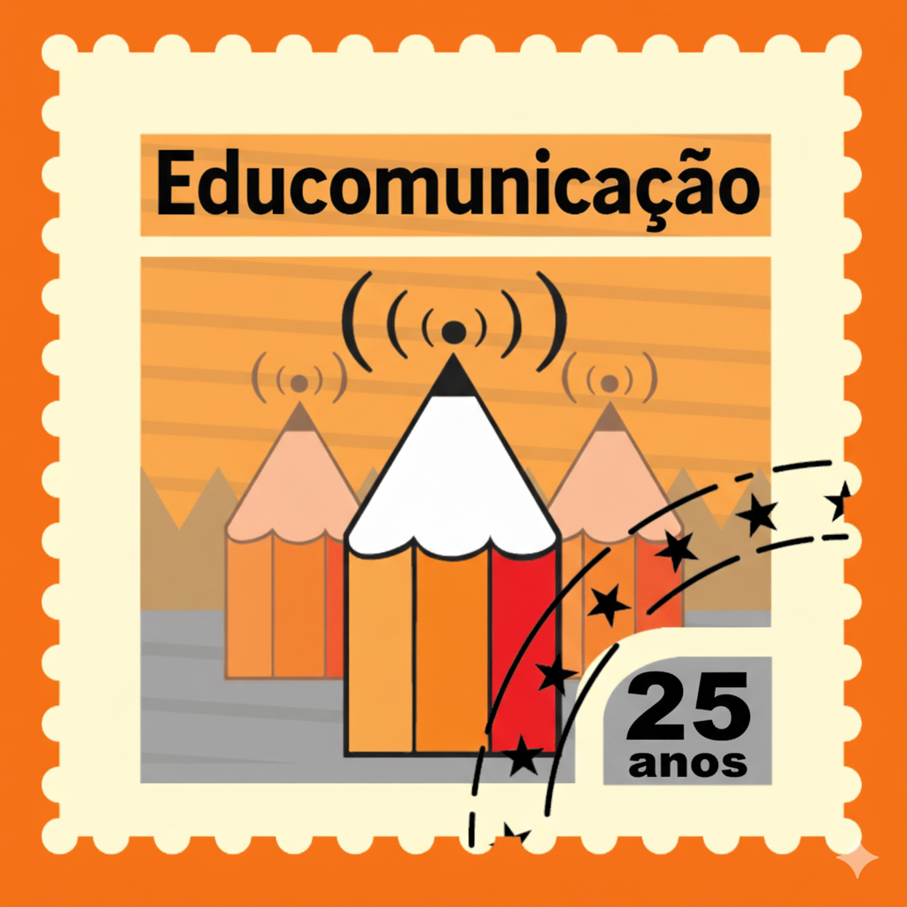 Logo oficial de 25 anos de Educomunicação com em formato de selo e lápis com ondas sonoras e cor laranja ao fundo