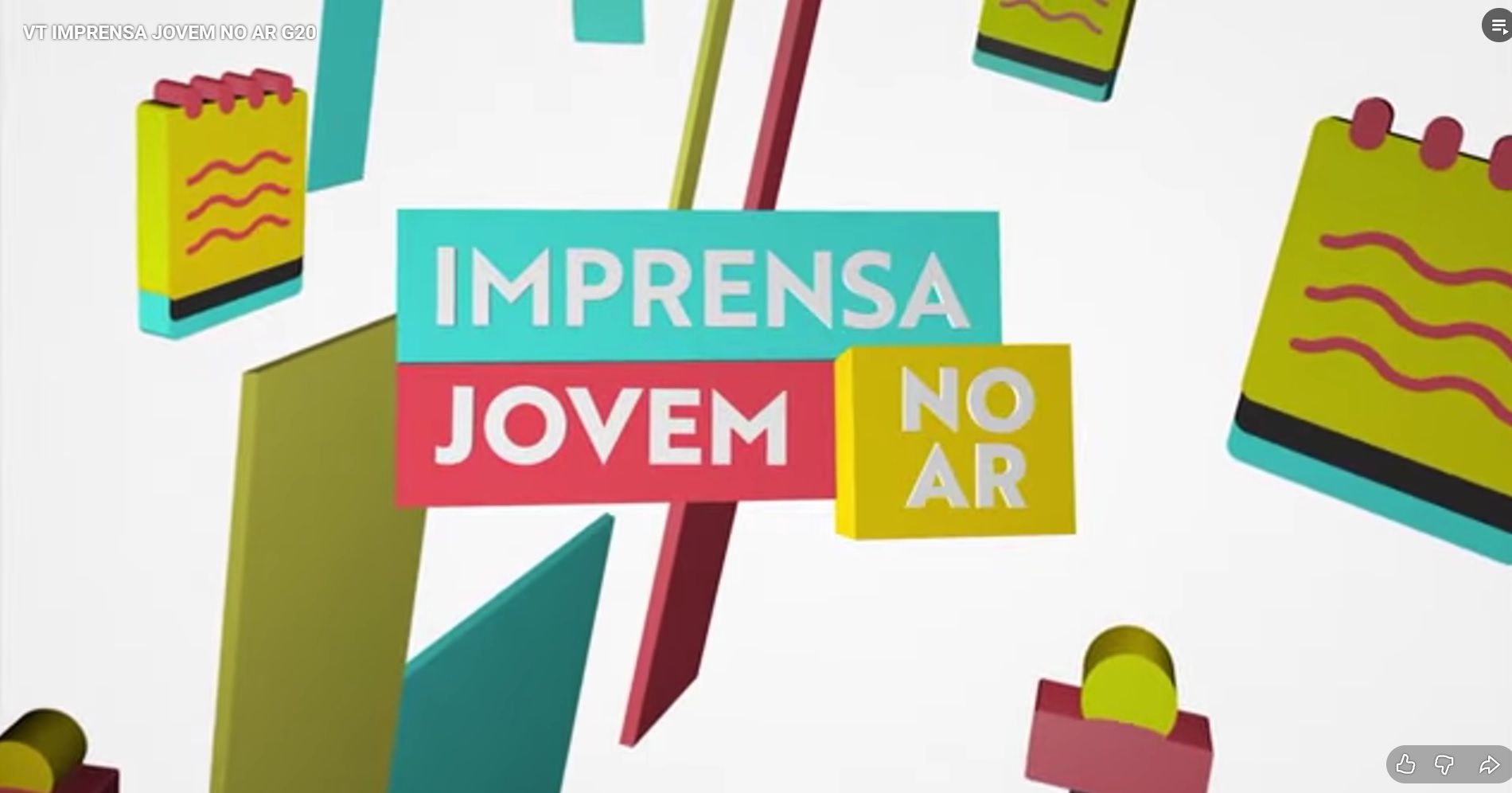 Banner com elementos midiáticos como microfones que representam o programa Imprensa Jovem no Ar na cor amarela, vermelha, preta e verde com a descrição em caixa alta Imprensa Jovem no Ar
