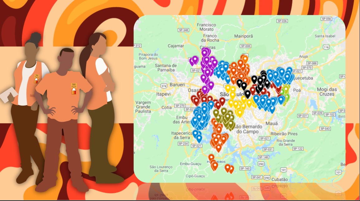 Mapa da cidade de São Paulo com icones de localização ao lado com jovens uniformizados com camisas laranjas do Imprensa jovem em formato de desenho juntos com imagem a fundo com diversas cores laranja, marrom, vermelho, rosa