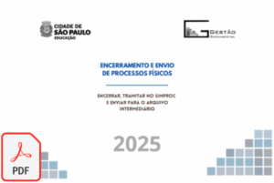 Imagem de capa de um documento institucional da Prefeitura de São Paulo. No topo, à esquerda, está o brasão e o texto “Cidade de São Paulo – Educação”; à direita, o logotipo de “Gestão Documental”. No centro, em letras azuis, lê-se: “Encerramento e envio de processos físicos”. Abaixo, em letras menores, o texto: “Encerrar, tramitar no SIMPROC e enviar para o arquivo intermediário”. Mais abaixo aparece o ano “2025” em destaque, na cor cinza. No canto inferior esquerdo há um ícone vermelho indicando arquivo em formato PDF. Elementos gráficos geométricos em tons de azul e cinza aparecem na parte inferior da imagem. Não há pessoas.