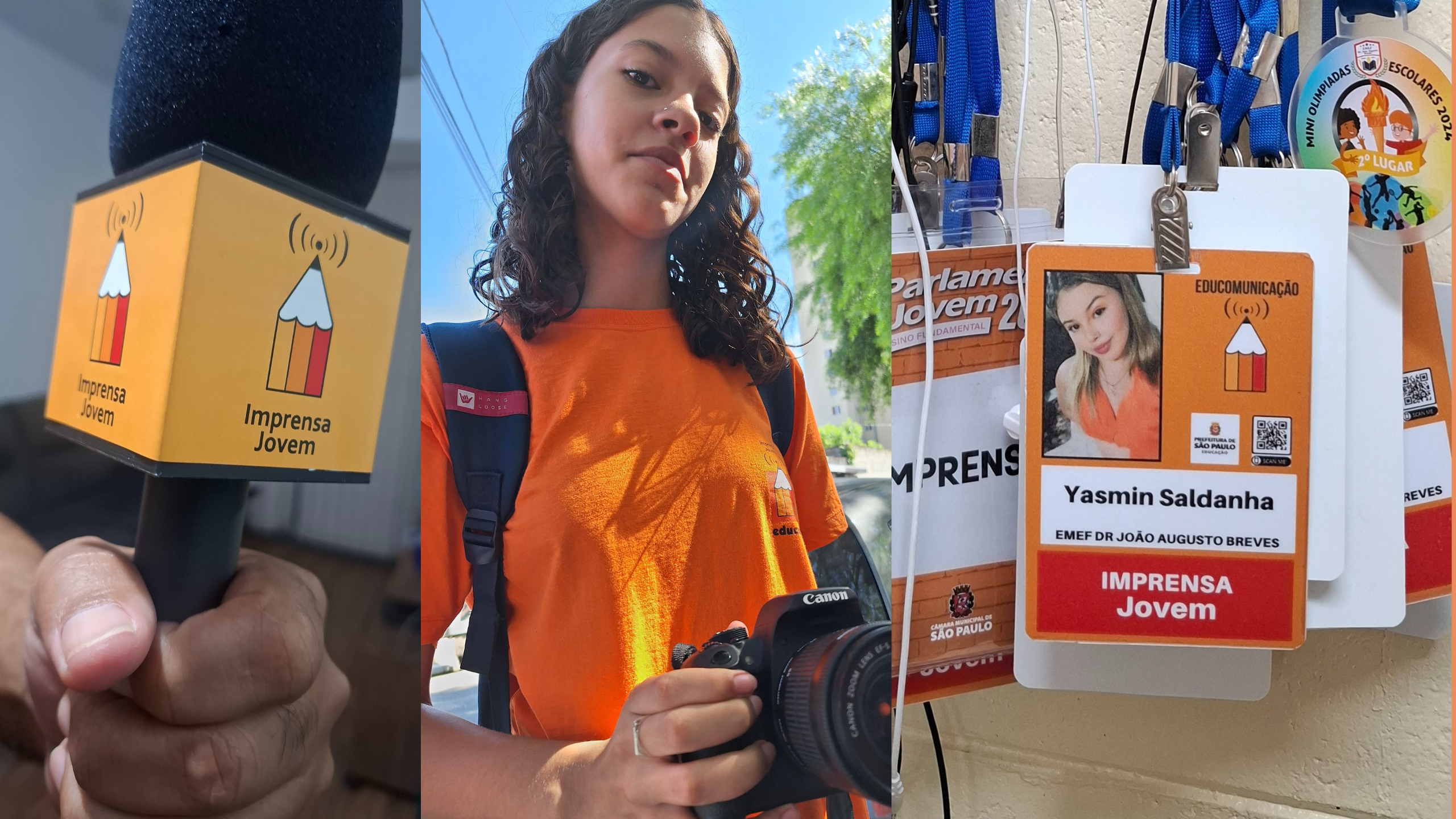 Banner com fotos de microfones, estudantes vestida com camisa laranja do Imprensa Jovem portanto máquina fotografica e crachas de identificação do Imprensa Jovem