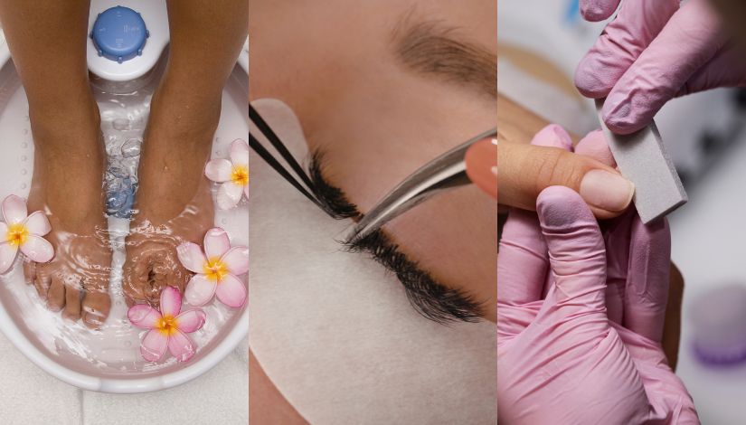 Imagem composta por três fotografias lado a lado, relacionadas a serviços de estética e beleza.