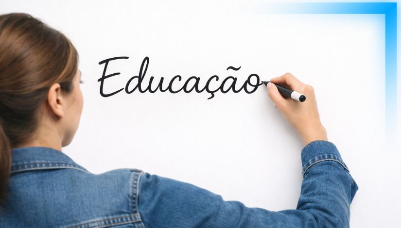 Imagem de uma pessoa vista de perfil, escrevendo a palavra “Educação” em um quadro branco com uma caneta preta. A pessoa tem cabelo preso e veste uma jaqueta jeans. A palavra está escrita em letra cursiva, em destaque no centro da imagem. Ao fundo, o cenário é claro e minimalista, com um detalhe em degradê azul no canto superior direito, conferindo um aspecto institucional e limpo.