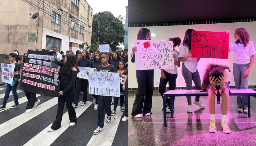 Imagem composta de duas fotografias com ações de escolas sobre o 