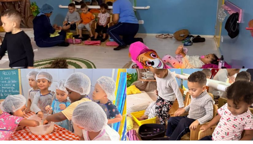 Montagem com três imagens de atividades na educação infantil. Na parte superior, crianças pequenas estão sentadas em roda com duas educadoras, em um ambiente acolhedor, enquanto outra criança brinca deitada no chão com um brinquedo. Na parte inferior esquerda, um grupo de crianças usando toucas participa de uma atividade culinária, misturando ingredientes em uma tigela sobre uma mesa com toalha xadrez; ao fundo, há um quadro com uma receita escrita. Na parte inferior direita, crianças exploram materiais e objetos em um espaço organizado, sentadas em cadeiras pequenas, manuseando utensílios e recipientes. O conjunto retrata momentos de interação, aprendizagem e brincadeira.