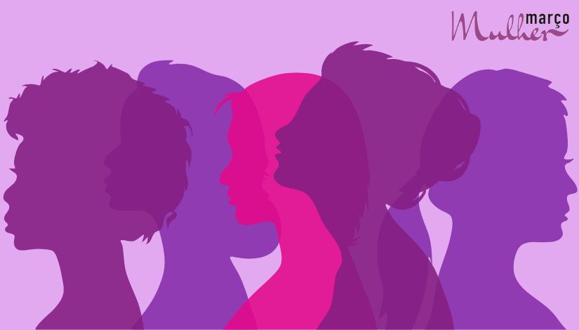 Silhuetas de mulheres nos tons de roxo e rosa com a logo do Março Mulher