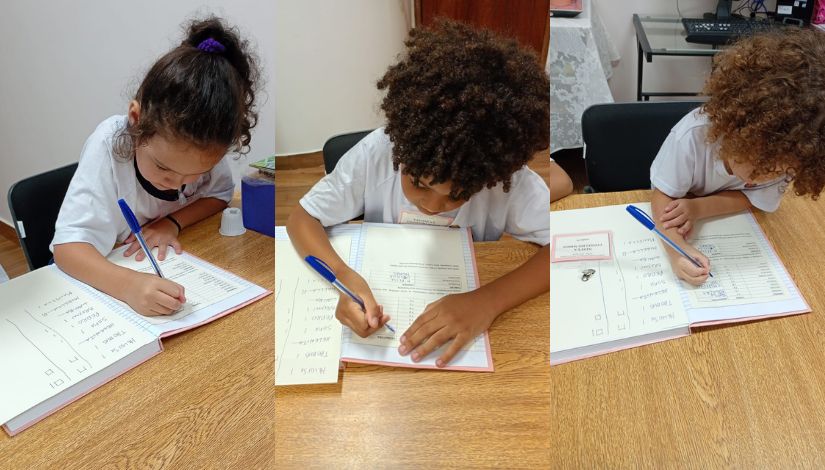 Composição com três fotografias de crianças assinado o livro de ata do Conselho Mirim.