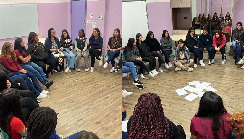 Imagem composta por duas fotografias de rodas de conversa com jovens.