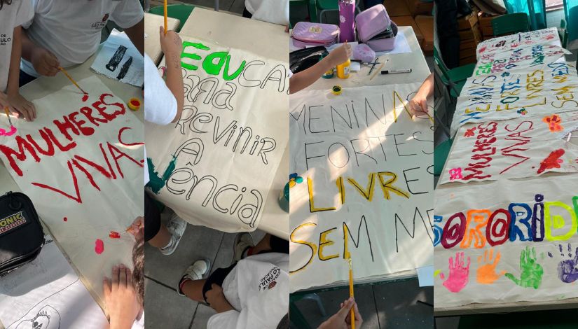 Imagem com uma compodição de quatro fotografias de faixas pintadas a mão com dizeres sobre violência contra mulher.