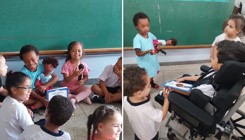 Imagem composta por duas fotografias com crianças pequenas. Duas crianças têm síndrome de down e uma está na cadeira de rodas. 