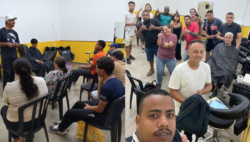 Projeto de barbearia no CEU Vila do Sol revela talentos e incentiva o empreendedorismo 2 Quadro composto por duas fotografias. Cada uma delas com um grupo de alunos e seus respectivos professores.