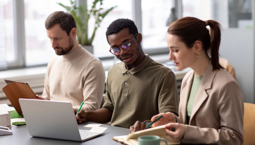 Imagem mostra três pessoas adultas sentadas lado a lado em uma mesa de trabalho, em ambiente interno bem iluminado por luz natural. À esquerda, um homem de barba curta usa blusa de gola alta clara e segura um tablet, olhando para a tela com concentração. No centro, um homem negro com cabelo curto e óculos de armação escura utiliza um notebook enquanto faz anotações em papel, demonstrando foco. À direita, uma mulher de cabelos castanhos presos em um rabo de cavalo veste blazer bege e escreve em um caderno, também concentrada. Sobre a mesa há um notebook, papéis, canetas e uma xícara. Ao fundo, há janelas amplas e plantas, sugerindo um ambiente de escritório ou reunião profissional.