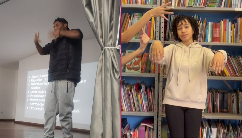 Imagem composta por duas fotografias. No quadrante à direita, um menino se expressa em Libras em um palco com telão ao fundo; no quadrante à direita, uma menina se expressa em Libras, ao fundo prateleiras de livros.