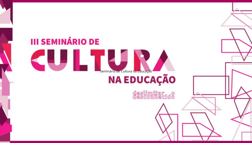 Imagem com fundo branco, figuras geométricas rosas nas bordas e o texto 