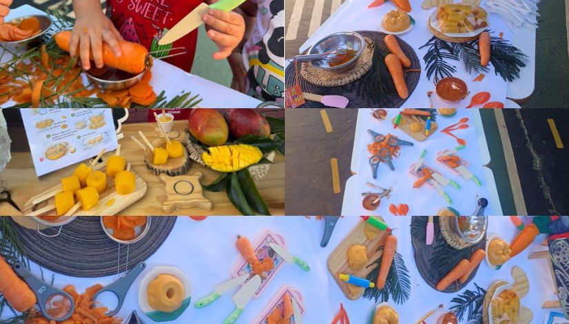 Descrição de acessibilidade: Montagem com cinco fotografias de uma atividade pedagógica envolvendo alimentos naturais. As imagens mostram crianças explorando cenouras, mangas e outros alimentos em propostas de experimentação sensorial e culinária. Sobre mesas organizadas, aparecem frutas, legumes, utensílios de cozinha infantis, tábuas, recipientes e materiais utilizados durante a vivência. As crianças manipulam os alimentos com as mãos e utensílios, em um ambiente educativo voltado à alimentação saudável e às descobertas sensoriais.