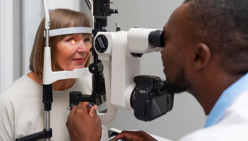 Mulher de meia-idade realiza exame oftalmológico em consultório médico. Ela está posicionada diante de um equipamento de avaliação ocular, enquanto um profissional de saúde observa seus olhos pelo aparelho. A imagem destaca o atendimento especializado em saúde da visão.