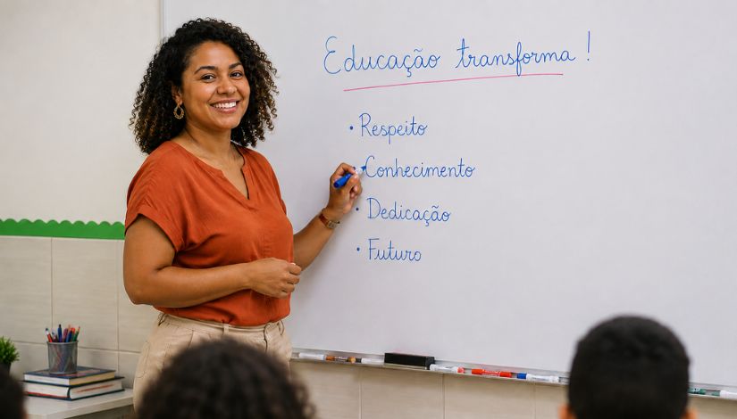 Professora de cabelos cacheados está em pé em frente a uma lousa branca, segurando um marcador azul durante uma aula. Na lousa estão escritos, em letra cursiva azul, os dizeres “Educação transforma!” e as palavras “Respeito”, “Conhecimento”, “Dedicação” e “Futuro”. Parte dos estudantes aparece desfocada em primeiro plano, em um ambiente de sala de aula iluminado e organizado.