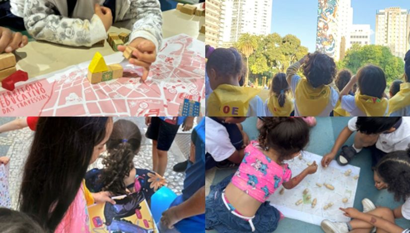 Quadrante com quatro fotografias com crianças com jogos depeças sobre mapas e também passeando no centro de São Paulo.
