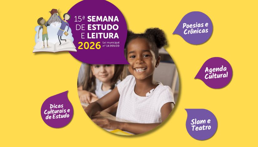 Imagem com fundo amarelo, ao centro em um círculo a fotografia de duas meninas sorrindo. Vários balões de fala com os textos roxo onde se lê 