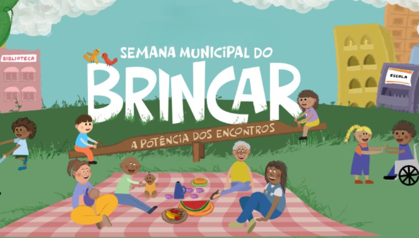 Imagem com desenhos de crianças e adultos brincandado e área verde.