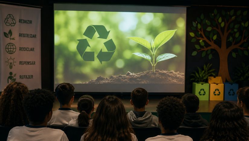 Estudantes sentados em um auditório assistem a uma projeção sobre sustentabilidade. Na tela aparecem o símbolo da reciclagem e uma muda de planta. Elementos relacionados à educação ambiental, como lixeiras para coleta seletiva e ilustrações de árvores, compõem o ambiente.