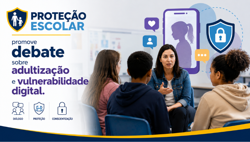 Arte da Proteção Escolar com o título “Proteção Escolar promove debate sobre adultização e vulnerabilidade digital”. A imagem mostra uma educadora conversando com adolescentes, acompanhada de símbolos de segurança digital, redes sociais e proteção online.