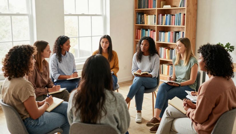Grupo de pessoas participa de uma roda de conversa em uma sala iluminada. Os participantes estão sentados em círculo, segurando cadernos e materiais para anotações, em momento de diálogo e escuta. Ao fundo, há uma estante repleta de livros e grandes janelas que permitem a entrada de luz natural.
