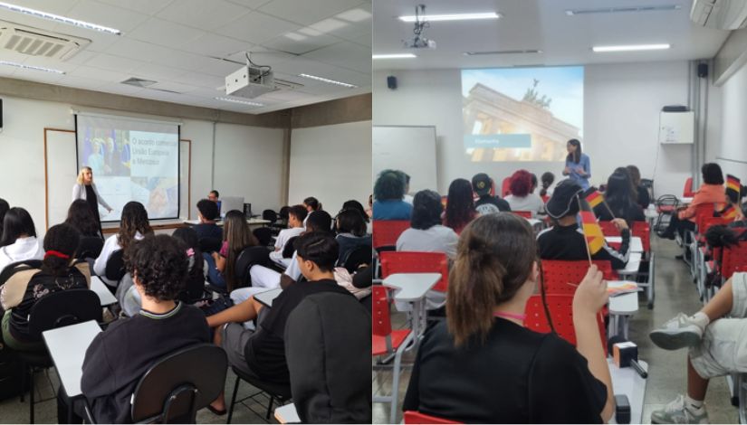 Montagem com duas fotografias registradas durante atividades da Semana da União Europeia em polos de formação dos CEUs. Na imagem à esquerda, estudantes estão sentados em uma sala de aula acompanhando a apresentação de uma representante consular em frente a uma tela de projeção. Na imagem à direita, outro grupo de estudantes participa de uma palestra, enquanto alguns seguram pequenas bandeiras da Alemanha. Em ambas as cenas, os participantes acompanham atentamente as apresentações, promovendo momentos de aprendizado sobre idiomas, cultura e relações internacionais.