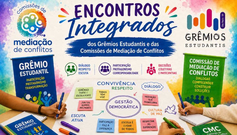 À esquerda, aparece o logotipo das Comissões de Mediação de Conflitos e, à direita, o logotipo dos Grêmios Estudantis. Na parte inferior, duas pessoas, visíveis apenas pelas mãos, escrevem em cadernos posicionados sobre uma mesa. Ao centro, há um painel ilustrado com palavras e conceitos ligados à gestão democrática, como convivência, respeito, diálogo, escuta ativa, participação, protagonismo, corresponsabilidade, cultura de paz e mediação de conflitos, conectados por setas coloridas. Também aparecem materiais escolares, como canetas, marcadores e cadernos, além de ilustrações que representam a participação estudantil e a construção coletiva de soluções no ambiente escolar.