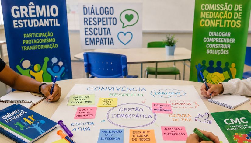 Em uma sala de aula vista em plano aberto e levemente elevado, estudantes de diferentes tons de pele — com os rostos fora do enquadramento — escrevem em cadernos e colaboram ao redor de uma mesa com cartazes, marcadores, post-its e os materiais “Grêmio Estudantil” e “CMC”, enquanto um painel central destaca os conceitos de convivência, respeito, diálogo, empatia, escuta ativa, cultura de paz e gestão democrática, acompanhados de mensagens como “Todos têm voz” e “Conflitos se resolvem com diálogo”. Ao fundo, banners sobre Grêmio Estudantil e Comissão de Mediação de Conflitos reforçam temas como participação, protagonismo, diálogo, mediação e construção coletiva de soluções em um ambiente escolar colorido e acolhedor.