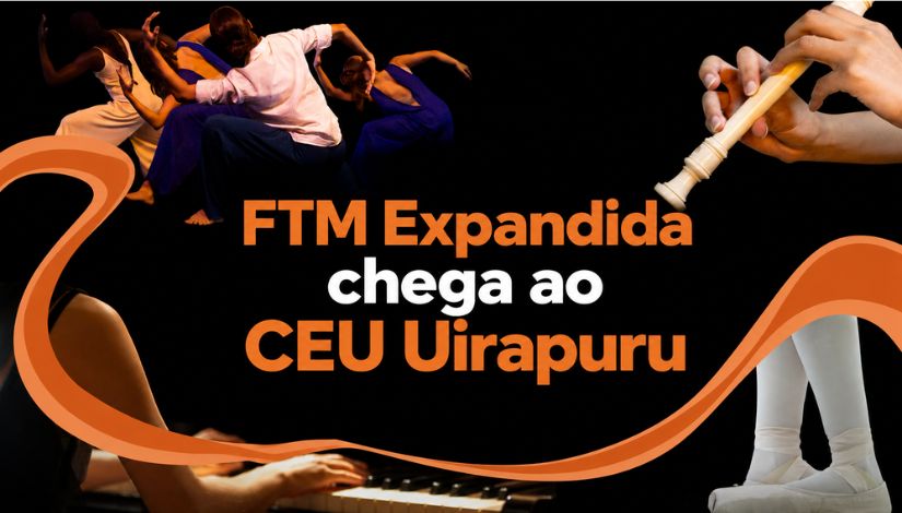 Arte gráfica com fundo preto reúne elementos que representam música e dança. Na parte superior esquerda, aparecem bailarinos em movimento; no canto superior direito, mãos tocam uma flauta doce. Na parte inferior, há uma pessoa tocando piano e, à direita, as pernas de uma bailarina usando sapatilhas de balé. Uma faixa curva em tom alaranjado atravessa a composição. Ao centro, em destaque, está a frase: 