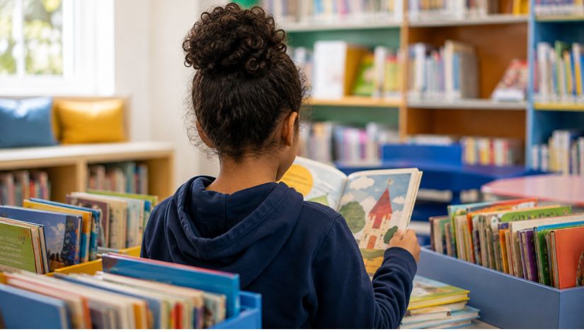 Criança vista de costas lê um livro ilustrado em um espaço de leitura, cercada por estantes e caixas organizadoras repletas de livros infantis. O ambiente é iluminado e acolhedor, remetendo a uma biblioteca escolar e incentivando o hábito da leitura.
