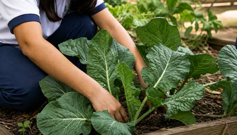 Imagem mostra um estudante da Rede Municipal de Ensino ajoelhado em uma horta, realizando o manejo de uma plantação de couve. A imagem destaca apenas o tronco, os braços e as mãos da estudante, sem exibir o rosto. Vestindo uniforme escolar nas cores branca e azul-marinho, a estudante toca cuidadosamente a terra ao redor das plantas. Ao fundo, outras hortaliças aparecem desfocadas, reforçando o ambiente de cultivo. A cena representa atividades de educação ambiental, agricultura urbana e aprendizagem prática relacionadas ao cuidado com a natureza e à alimentação saudável.