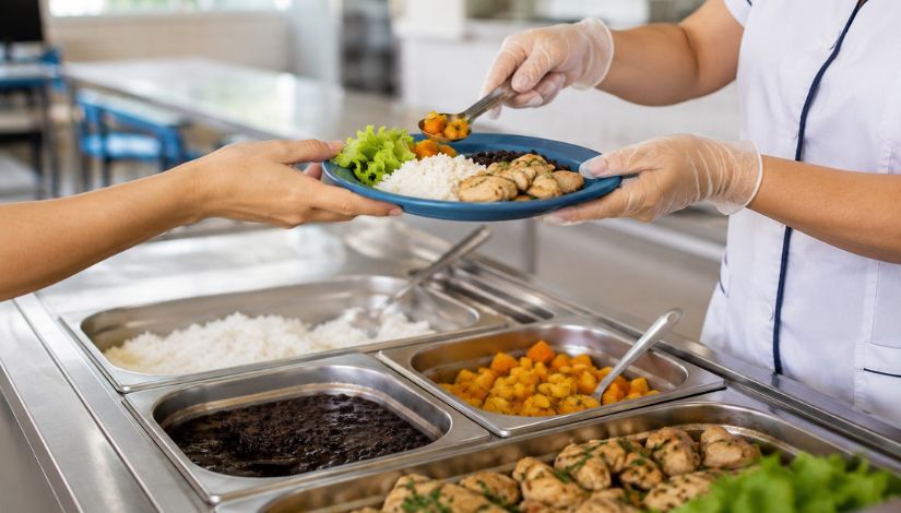 Pessoa servindo uma refeição em um refeitório escolar entrega um prato com arroz, feijão, salada, legumes e proteínas a um estudante. Em primeiro plano, aparecem cubas de alimentos aquecidos e, ao fundo, o ambiente da cozinha escolar desfocado.