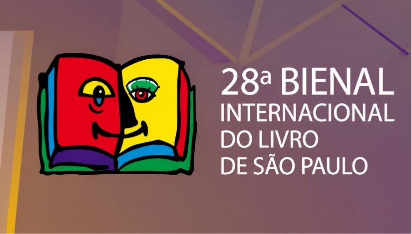 magem horizontal com fundo em tons de roxo e marrom, decorado com formas geométricas. À esquerda, há a ilustração colorida de um livro aberto com dois rostos estilizados nas páginas. À direita, em letras brancas, aparece o texto: “28ª Bienal Internacional do Livro de São Paulo”.