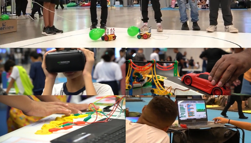 Montagem com registros de atividades de tecnologia e robótica. Na parte superior, estudantes participam de uma atividade com pequenos veículos robóticos decorados com balões verdes. Nos demais registros, estudantes utilizam óculos de realidade virtual, manipulam peças de montagem, interagem com um carrinho em uma estrutura de ponte e desenvolvem atividades de programação em um computador.