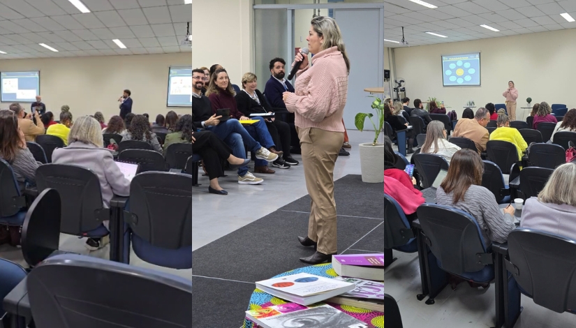 Fotomontagem com três imagens do primeiro encontro do Grupo de Trabalho da Política de Formação Continuada. As fotos mostram participantes sentados em uma sala de reunião, acompanhando a apresentação, e uma mulher em pé, segurando um microfone e falando com o público. Ao fundo, há telas de projeção com conteúdos da apresentação. Em primeiro plano, aparecem livros e materiais sobre uma mesa.