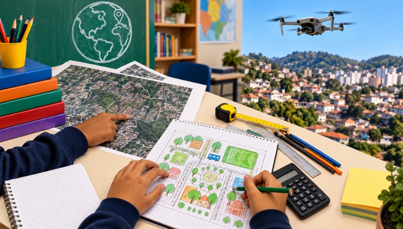 Imagem mostra uma mesa com materiais escolares e recursos utilizados em atividades de Matemática. Há mapas, régua, fita métrica, lápis, calculadora e um caderno com o desenho de um bairro planejado, além de mãos de estudantes realizando atividades. Ao fundo, aparecem uma lousa com o desenho de um globo terrestre, livros e uma paisagem urbana com casas e prédios. No céu, há um drone sobrevoando a região.