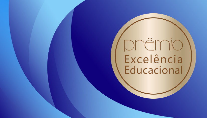 imagem com fundo azul degradê e um circulo cor de bronze escrito Premio Excelencia Educacional