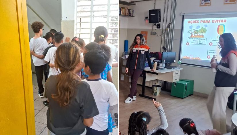 Montagem com duas fotografias. À esquerda, estudantes em fila para descer a escada; à direita, projeção em um telão com o texto 