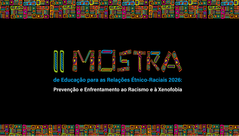 Imagem com fundo preto e bordas superior e inferior com elementos em mosaico colorido. Ao centro, o texto 