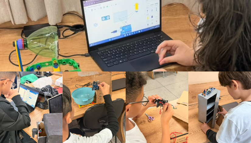 Mosaico com 5 fotografias de estudantes crinado